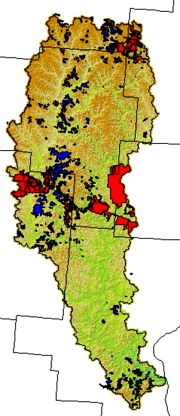 Blue (stripped), red (deep-mined), 6-county Raccoon Ck. watershed.