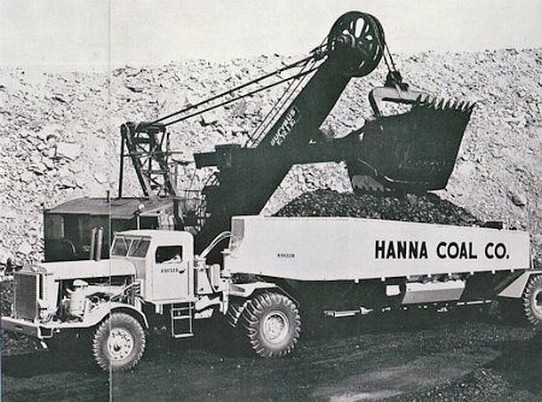 Undated photo (probably circa 1950s) of a smaller Bucyrus-Erie electric shovel loading a 55-ton Euclid truck at one of Hanna's coal mines. The loaded coal would then go to Hanna’s Georgetown prep plant for cleaning and shipping. 