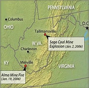 Map showing somewhat larger area and location of the Sago Mine and Alma Mine tragedies of January 2006.