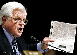 Senator Ted Kennedy, shown here in another Senate proceeding, had his committee staff compile a report on the Crandall Canyon mine collapse in Utah. Click for Ted Kennedy books.
