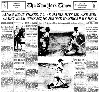 September 3rd, 1961 front page of the New York Times reporting on 52nd and 53rd home runs of Roger Maris at Yankee Stadium, with two photos.