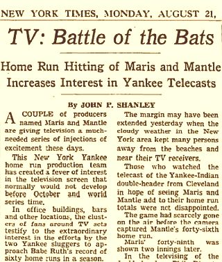 August 21, 1961 New York Times story on the increased interest of TV viewers tuning in for the home run race.