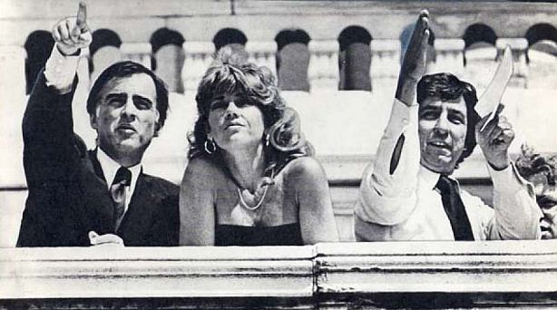 May 1979.  Jane Fonda flanked by Governor Jerry Brown of California (left), and her husband, Tom Hayden, at anti-nuclear power protest rally in Washington D.C., which occurred shortly after the Three Mile Island nuclear accident in Pennsylvania and as ‘The China Syndrome’ film was still running in theaters.