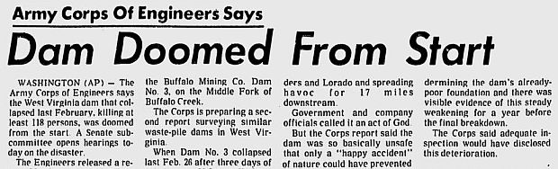 May 30, 1972. Headlines from an Associated Press story reporting that the U.S. Army Corps of Engineers -- also testifying at U.S. Senate hearings -- found the the Pittston Coal Co. dam above Buffalo Creek was "doomed from the start."