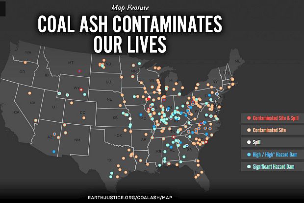 U.S. map showing locations of coal ash waste dams, spills, and contamination compiled by Earth Justice. Click to visit that site.