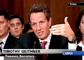 2009. U.S. Treasury Secretary Timothy Geithner being questioned by Elizabeth Warren at Sept 2009 hearing. Click for C-SPAN video.