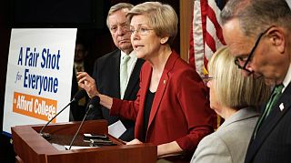 June 2014. Warren with Senators Richard Durbin (D-IL), Patty Murray (D-WA), Chuck Schumer (D-NY) at Capitol Hill news conference on college affordability.