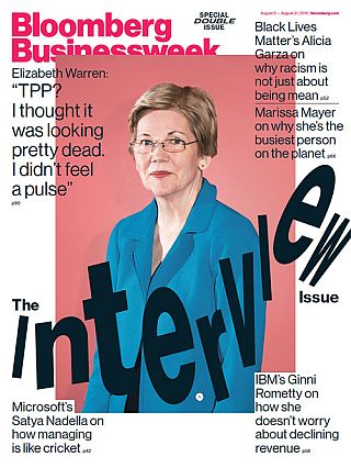 2016: Senator Warren being interviewed by Bloomberg Businessweek, August 8-21, 2016. 