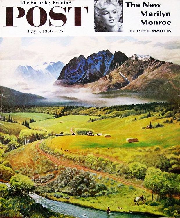 “Rocky Mountain Fly Fishing,” is the understated title of this stunning “Saturday Evening Post” magazine cover by artist John Clymer, delivered to about 2 million Post subscribers on May 5th, 1956. Click for copy.