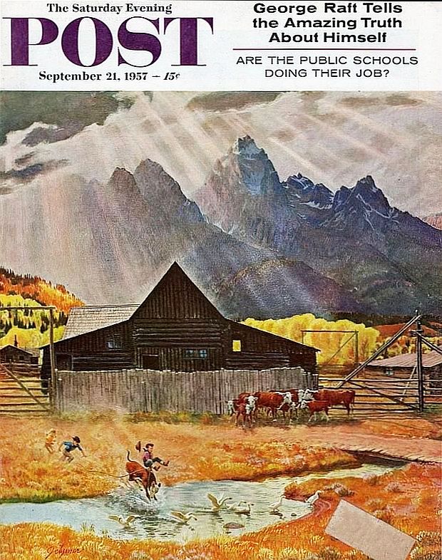 September 21, 1957. John Clymer’s, “Ride ‘Em Cowboy.” Another western landscape with dramatic mountains, streams of sunlight, and young children at play – the latter of which frequently appear in a number of his covers. Yet, again, the natural world is the star.