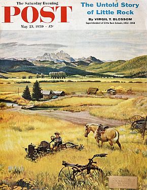 May 23, 1959. Parts of this cover came to Clymer years earlier seeing an abandoned auto chassis, but he added the boy on horseback discovering it later. Click for copy.