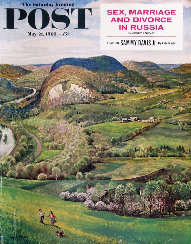 May 21, 1960, Saturday Evening Post cover titled, “Green Mountains.” John Clymer didn’t limit his fondness for landscapes to the West, also rendering scenes from the Eastern U.S., as here from Vermont. He also did other landscape scenes for the Post set in North Carolina, Kentucky, New Hampshire, Virginia, and Ohio.