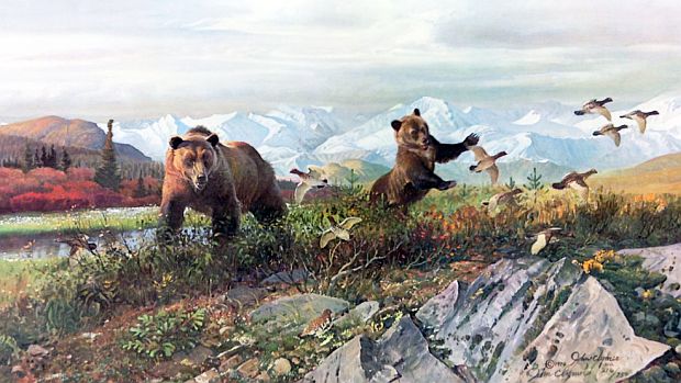 “Bears on Tundra Pond” by John Clymer, shows bears emerging from a harsh winder on the Alaskan tundra.