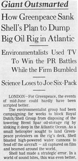 July 7, 1995. Headlines from front-page Wall Street Journal story on the Brent Spar battle. 