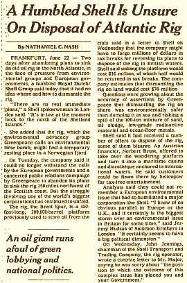 June 23, 1995. New York Times reporting on Shell’s troubles with its Brent Spar plans.