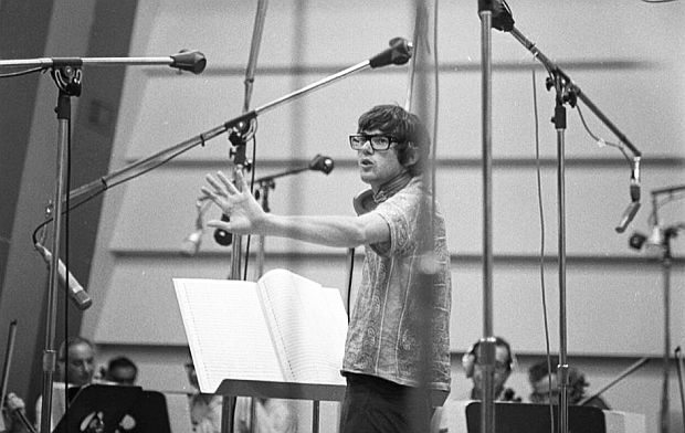 Young Jimmy Webb working with orchestra, possibly during a "MacArthur Park" session in the late 1960s. Photo, Henry Diltz.