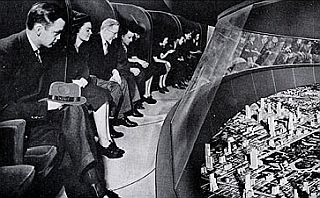 Inside, revolving theater seats circled above a fantastic layout of the modern city  titled, “Highways and Horizons.”