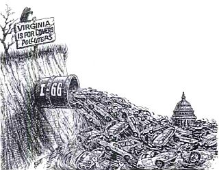 Graphic art depicting Three Sisters I-66 traffic from Virginia "polluting" Washington, DC. ( art by Sammie Abbott ). 