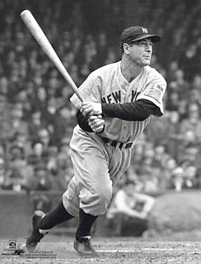 Lou Gehrig on the move after hitting the ball, 1938.