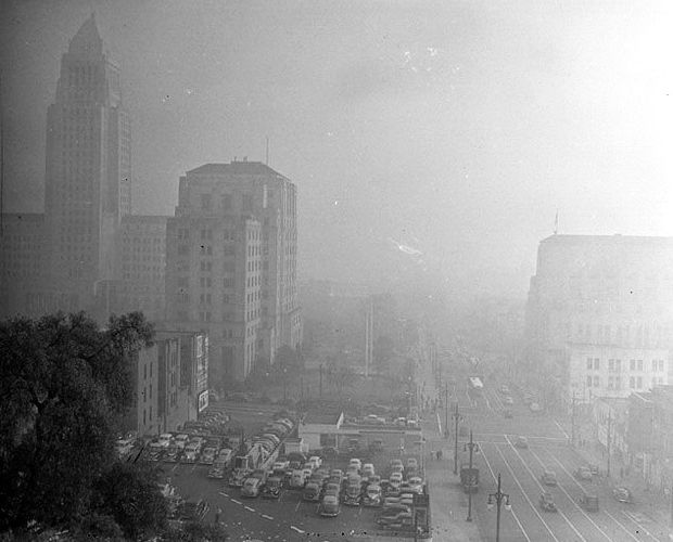 January 5, 1948.  Smog formed in downtown Los Angeles, with City Hall building to the left. UCLA photo.