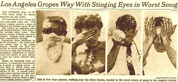 September 1955. Front-page New York Times story on Los Angeles smog showing four people reacting to the pollution who were walking near the L.A. Civic Center. The city was then experiencing one of its worst bouts of smog on record.
