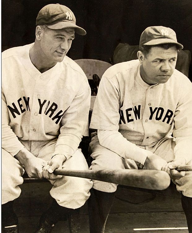 June 15, 1932 Chicago Tribune photo taken at Comiskey Park prior to Yankees’ first at-bat against the White Sox that day, with Ruth and Gehrig both holding bats at Yankees’ dugout. Gehrig and Ruth both had good years in 1932:  Ruth hit .341 with 41 homers and 137 RBIs;  Gehrig hit .349 with 34 homers and 151 RBIs.