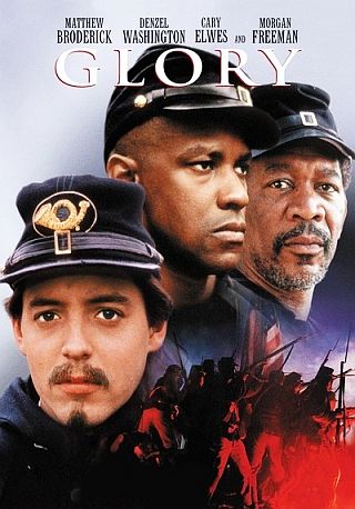 Film poster for 1989's “Glory.” From top right: Morgan Freeman, as the unit’s sergeant; Denzel Washington as runaway slave who becomes soldier; and Matthew Broderick who plays the youthful Colonel Robert Shaw. Click for film.