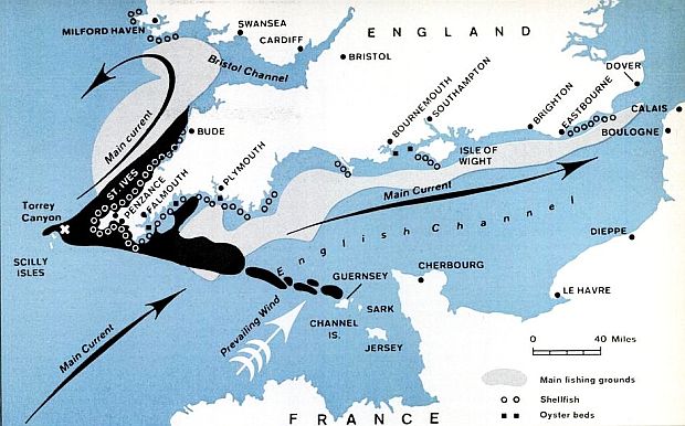 Map appearing in April 1967 edition of Life magazine showing initial extent of spill (would later reach France), also showing fishing areas of concern (in gray), shellfish areas (o o o) and a few oyster beds (black squares).