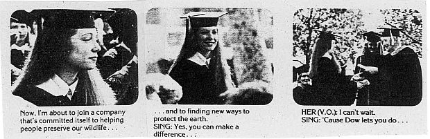 Portion of a story board showing sequence of one of Dow’s “college grad” TV ads, this one focused on the grad choosing “wildlife and the environment” as her career choice at Dow.  