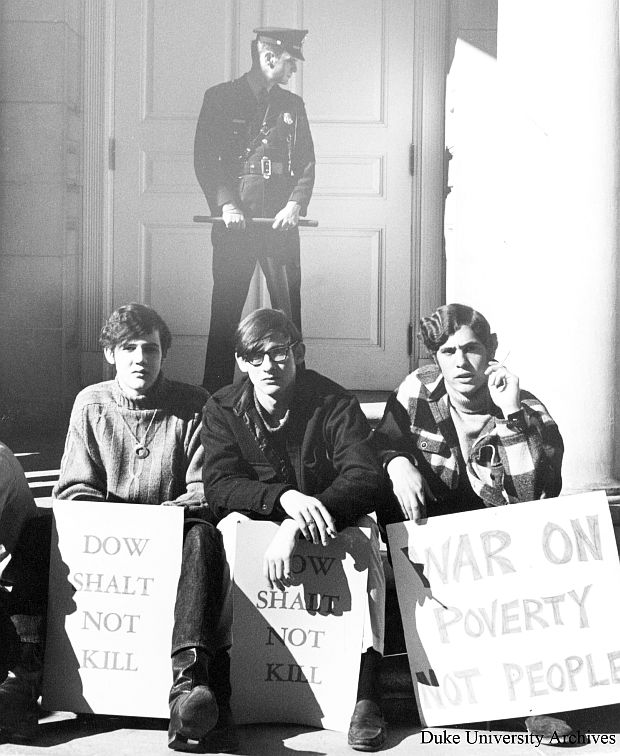 At Duke University in February 1969,  a Dow recruiter had been on campus but refused to answer questions about its production of napalm, resulting in a protest there. Duke University Archives photo.