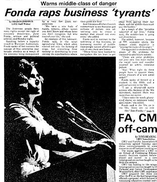‘Central Michigan Life’ student newspaper reporting on Jane Fonda’s October 1977 speech at Central Michigan University.