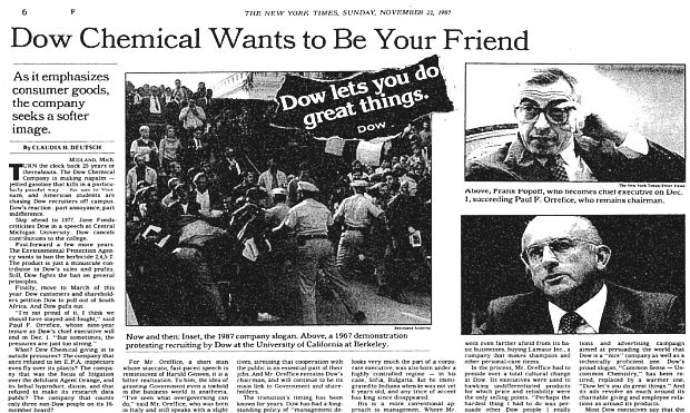November 1987. Portion of a full-page treatment on Dow Chemical in the New York Times showing a photo of a Dow campus protest in 1967, but focusing on the company's new “softer” corporate image, its businesses, and executive changes.