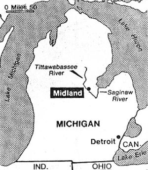 Map of Michigan & Great Lakes area, showing Dow hometown of Midland and Tittabawassee & Saginaw Rivers, found to have been fouled by Dow wastes and dioxin pollution.