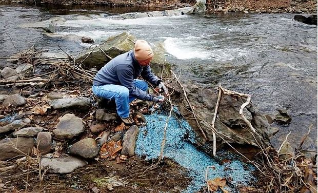 Photo from LehighValleyLive.com shows Todd Burns, president of the Brodhead Chapter of Trout Unlimited, examining trapped plastic pellets on April 6, 2018, along Pocono Creek, washed downstream from the earlier truck spill.