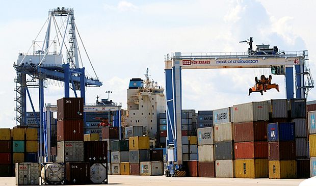 Photo of shipping container cranes and equipment at the Port of Charleston, South Carolina.