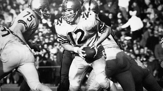 Roger Staubach (No. 12, center) at work during the 1963 Army-Navy game, where he relied on his fullback, Pat Donnelly, for ground gains and three touchdowns.