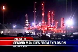 Sept 2012. TV news reporting on second death of worker at CVR Energy refinery at Wynnewood, Oklahoma.