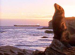 One of the opening frames from Du Pont’s 1990 “Applause” TV ad, with a barely visible oil tanker on the horizon.