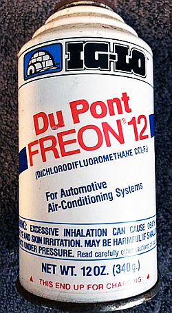 Du Pont’s “Freon-12” refrigerant (1980s), also known as “R-12” or”CFC-12”.