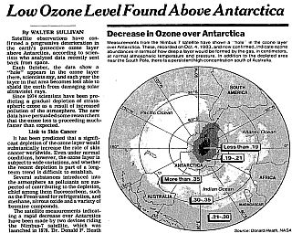New York Times of November 7, 1985, first to use term “ozone hole” in reporting to describe Antarctica ozone damage..
