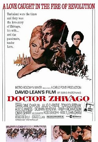 1965 film poster for Doctor Zhivago - “A Love Caught in the Fire of Revolution” – showing Zhivago with lover Lara, and over his shoulder, his wife, Tonya. Click for Amazon poster page.