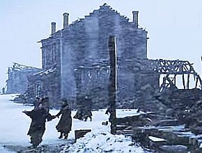 Train w/Yuri & family slows through one village attacked by partisans; villagers seeking help.