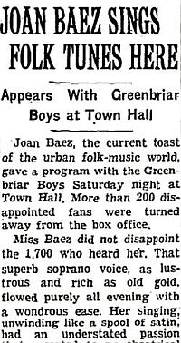 Portion of Nov 1961 New York Times review of Joan Baez performance by Robert Shelton.