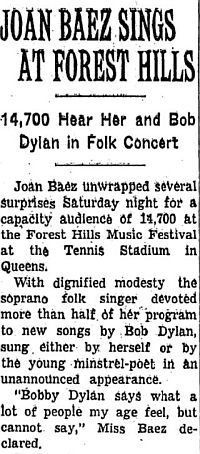 Aug 19, 1963. Part of  NYTimes story reporting on Baez-Dylan concert.