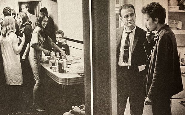 Photos of April 1963 Club 47 after-party at Sally Schoenfeld’s Cambridge, MA apartment –  at left, showing Joan Baez, and at right, Bob Dylan. Photos by Rick Stafford from book “Baby, Let Me Follow You Down”. Click for updated edition.