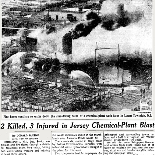 Early New York Times reporting with AP photo on the December 8, 1977 Rollins Environmental Services waste treatment plant fire and exploding tanks at Bridgeport, NJ that would kill 5 and injure others, also sending a number of firemen to hospitals.
