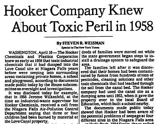 1979 NY Times story about Hooker Chemical's early knowledges of dangerous chemicals at Love Canal.