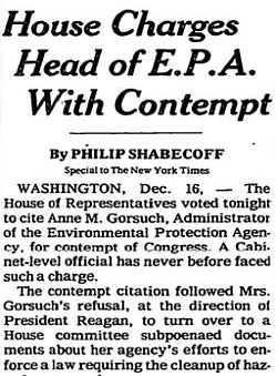Dec 17, 1982 front-page NYTimes story on contempt charge for EPA’s Gorsuch. 