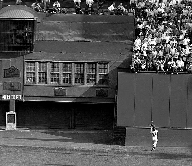 Photo of NY Giants’ Willie Mays about to make the catch on Vic Wertz’s 8th inning shot for the Cleveland Indians to the farthest reaches of the cavernous Polo Grounds center field during Game 1 of the 1954 World Series. 