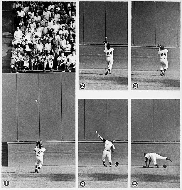 Sequence of photos of Willie Mays making the 1954 World Series catch of Vic Wertz’s 420-foot blast at the Polo Grounds, showing Mays recovering after catch to make throw to hold 2 runners. Click for “A Day In The Bleachers” book. 